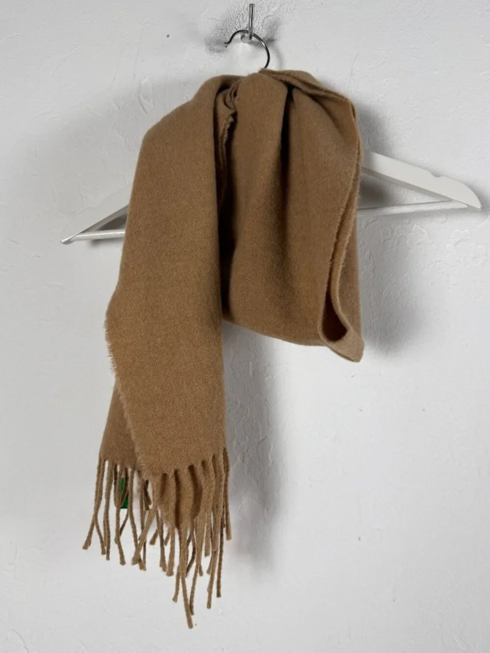 Italian Woollen Treasures Camel Brown 100% Wool Scarf Fringed Edges 12x70 Inches